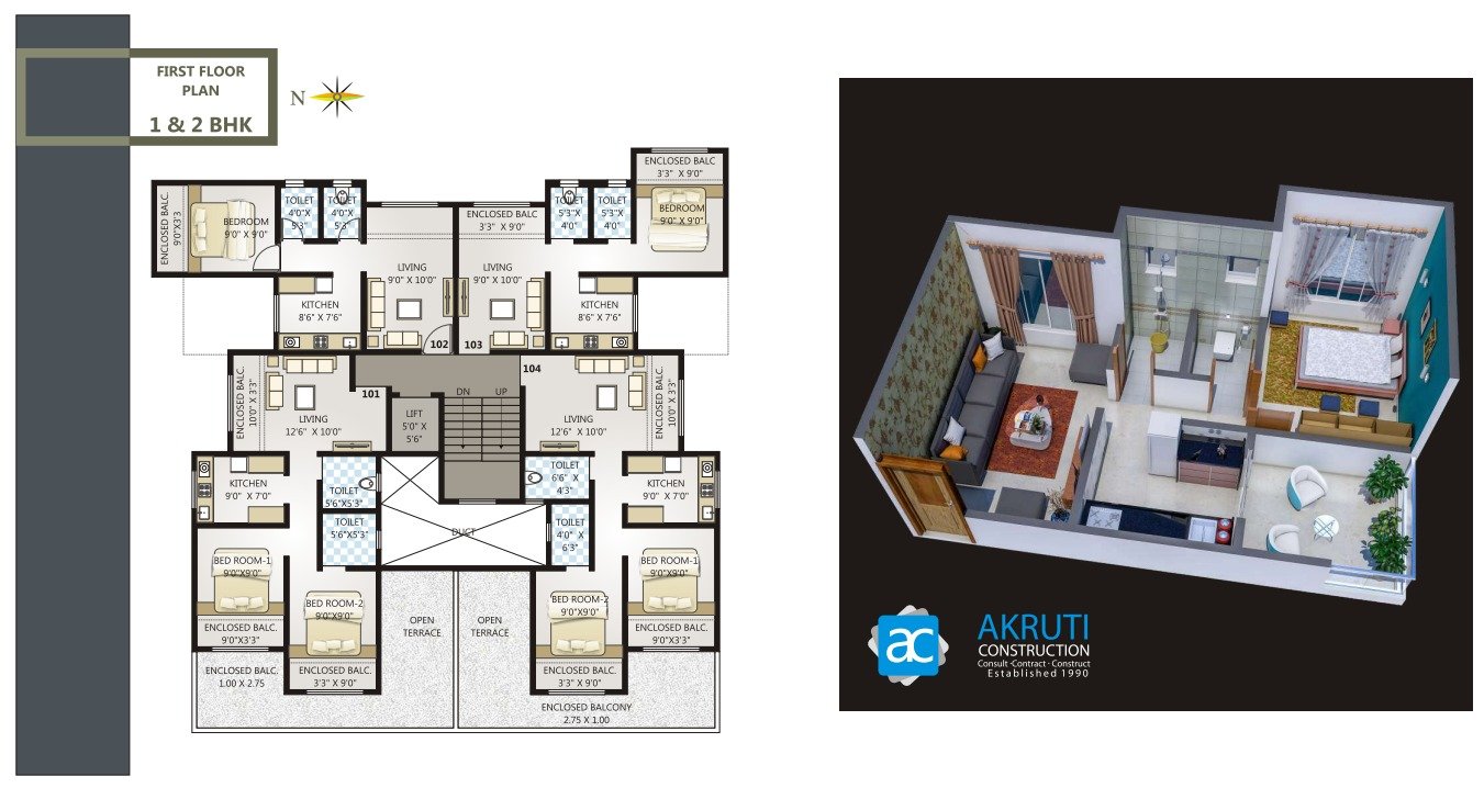 Akkruti Konark 1 BHK Floor Plan
