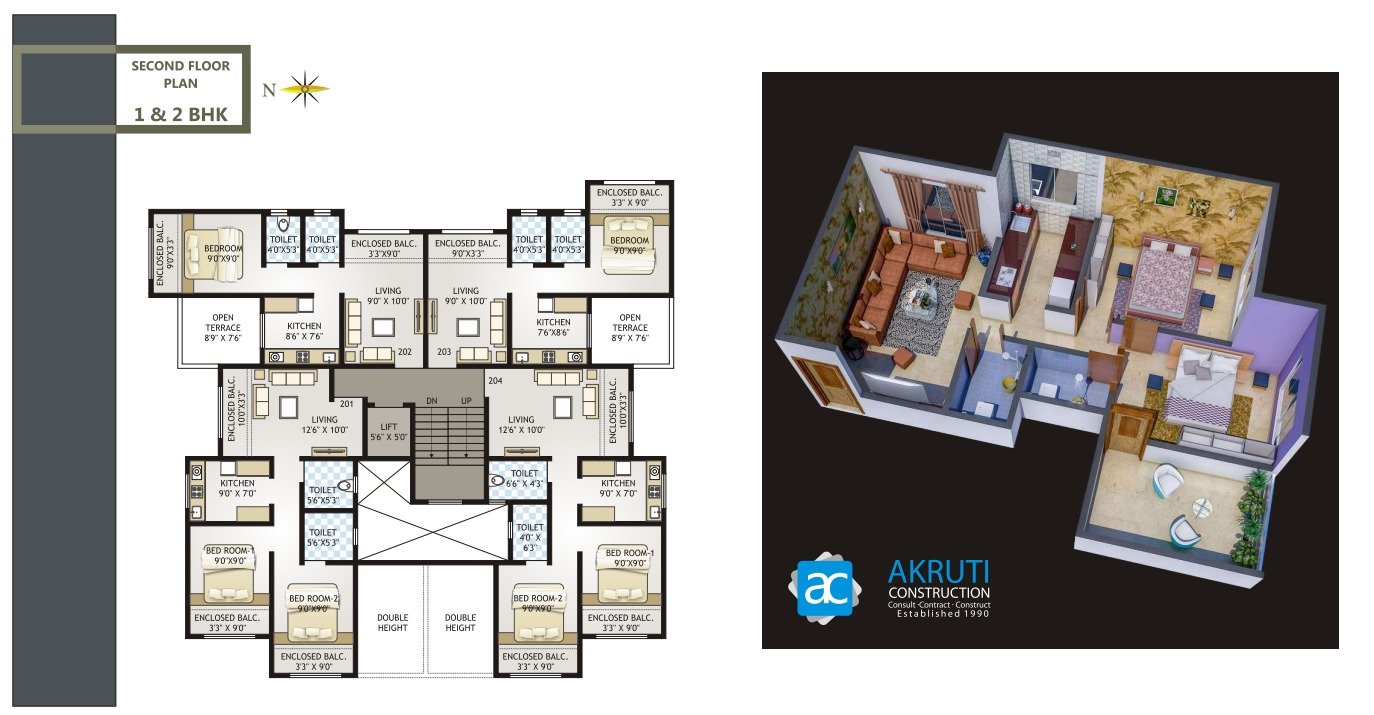 Akkruti Konark 2 BHK Floor Plan